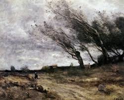 Corot: 'Landscape with windy weather', oil painting by Corot, 1875