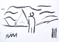 Fisher at the beach - black crayon drawing for sale  - Vladimir Werner