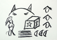 crayon drawing on paper: Beach surfing - Vladimir Werner; for sale
